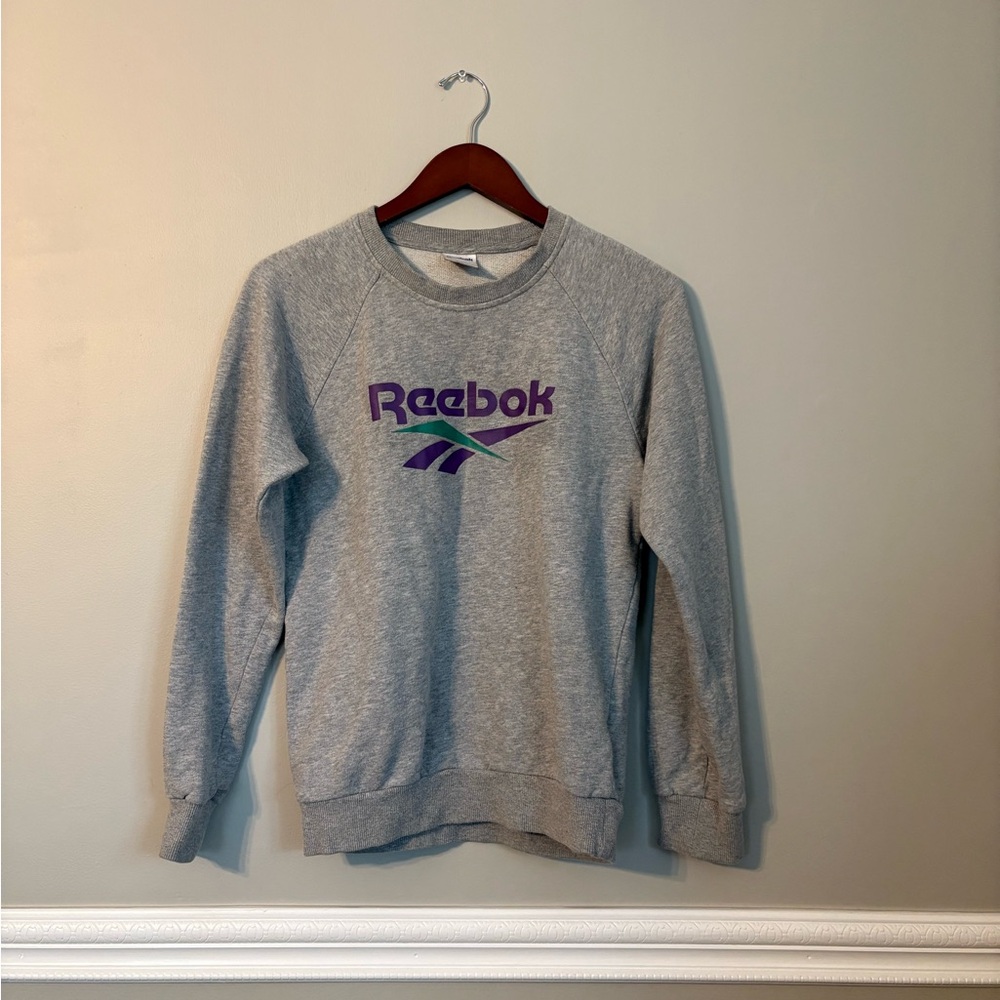 Reebok Gray Crewneck Unisex Sweater with Purple Accents